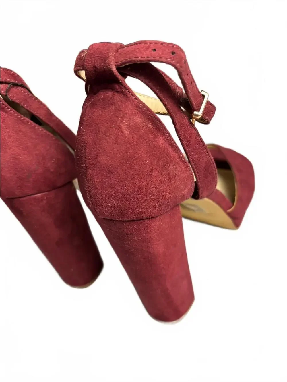 Forever 21 Burgundy Suede Block Heel Sandals with Ankle Strp